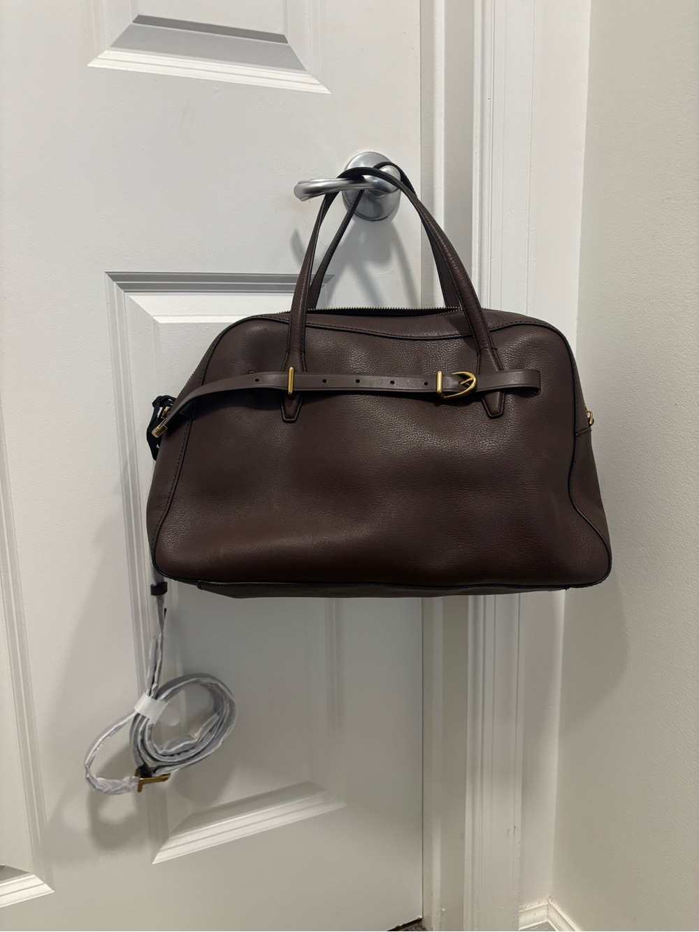 Madewell Chocolate Brown Leather Satchel with Gold Accents